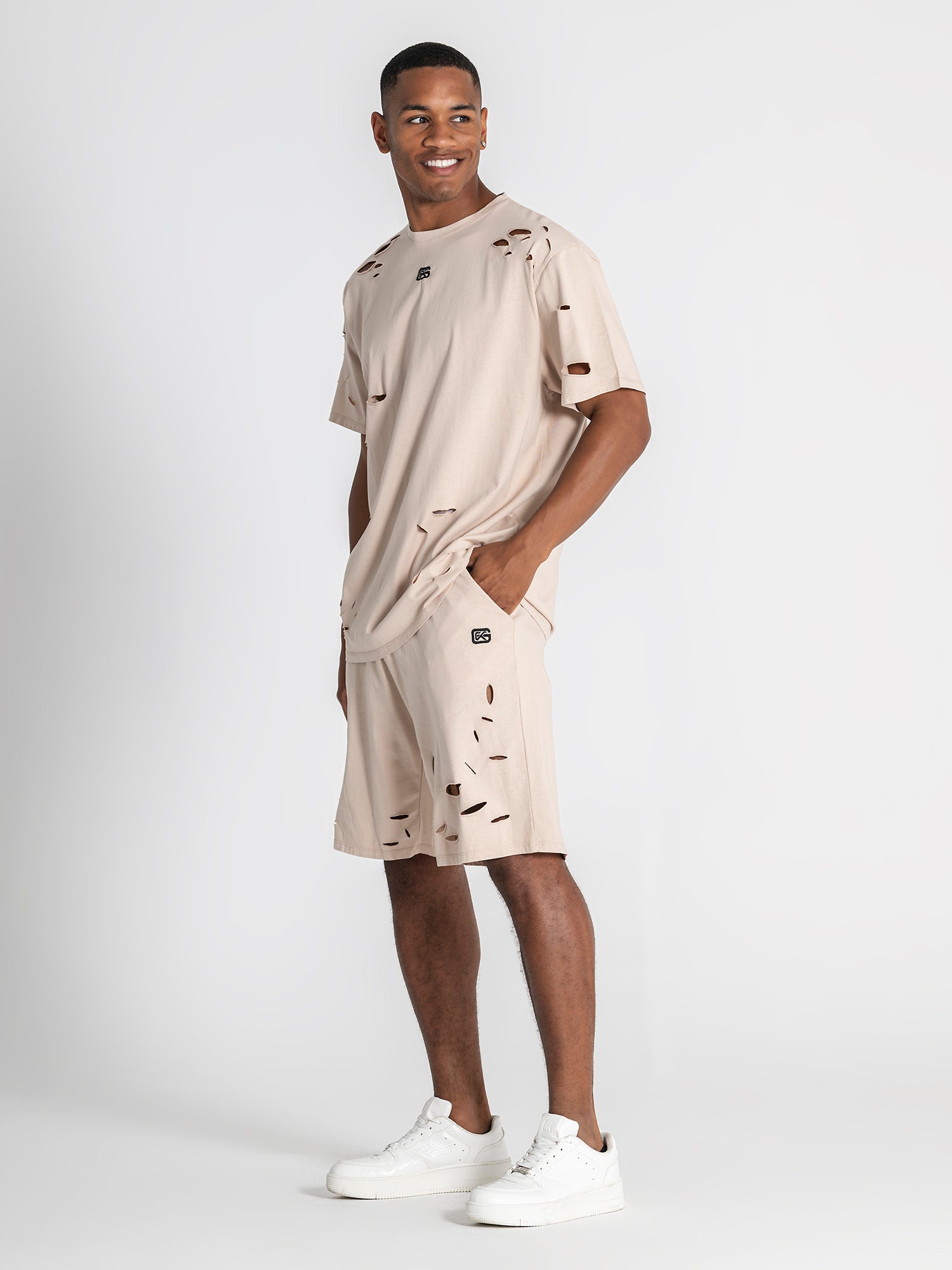 Beige Ripped Oversized Tee