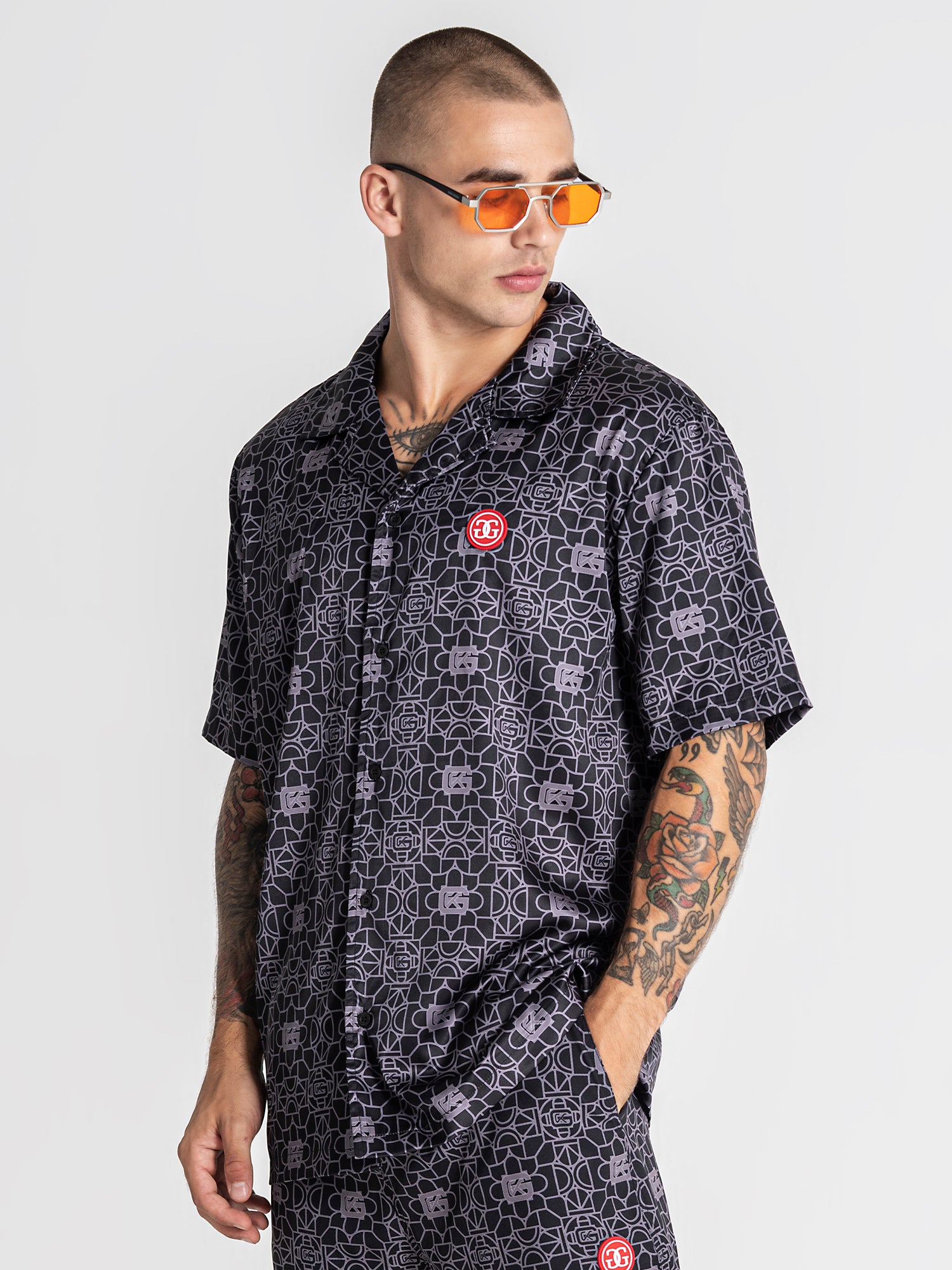 shirts / Black Tiled Satin Shirt