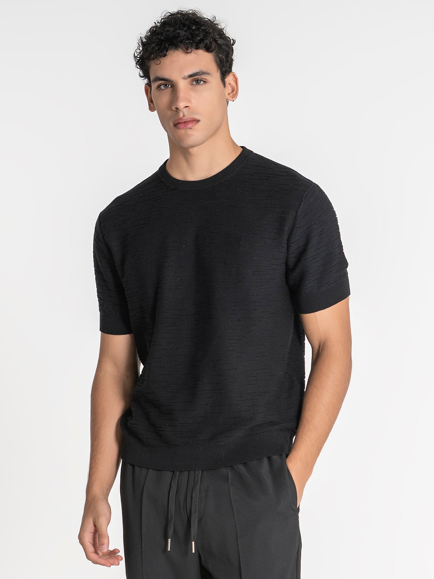 Black Uneven Knit Tee