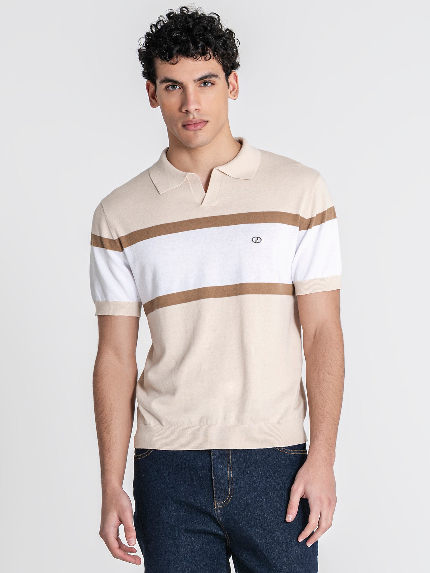 Beige Block Knit Polo