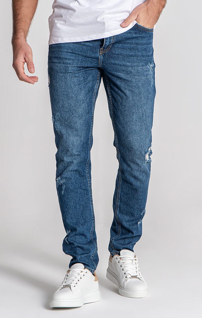 Dark Blue Ripped Straight-Leg Jeans