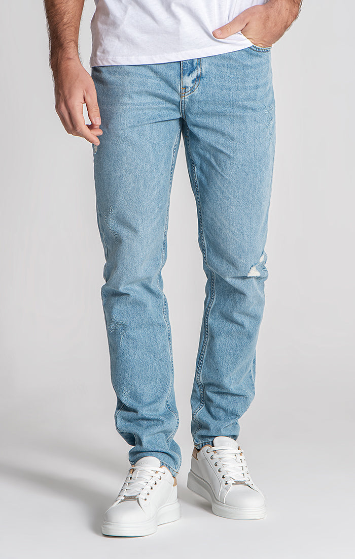 Light Blue Ripped Straight-Leg Jeans