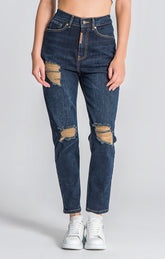 Calças de Ganga Mom Fit Azul-Escuras Básicas