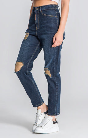 Calças de Ganga Mom Fit Azul-Escuras Básicas