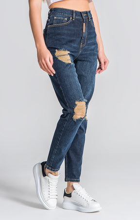 Calças de Ganga Mom Fit Azul-Escuras Básicas
