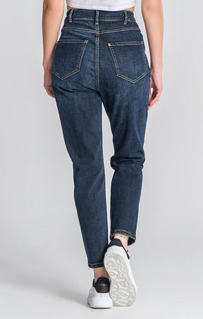 Calças de Ganga Mom Fit Azul-Escuras Básicas