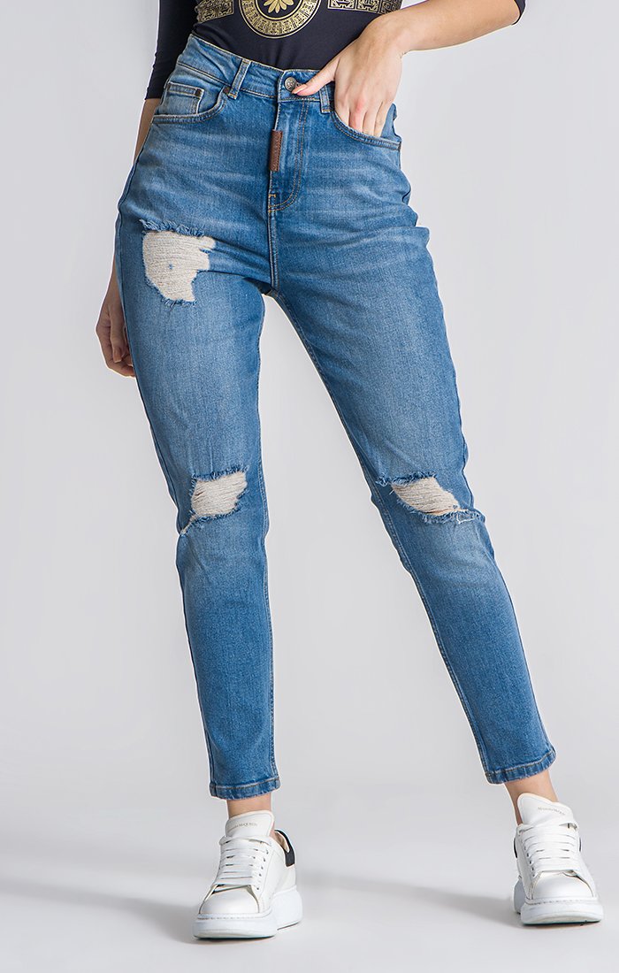 Calças de Ganga Mom Fit Azul-Médias Básicas